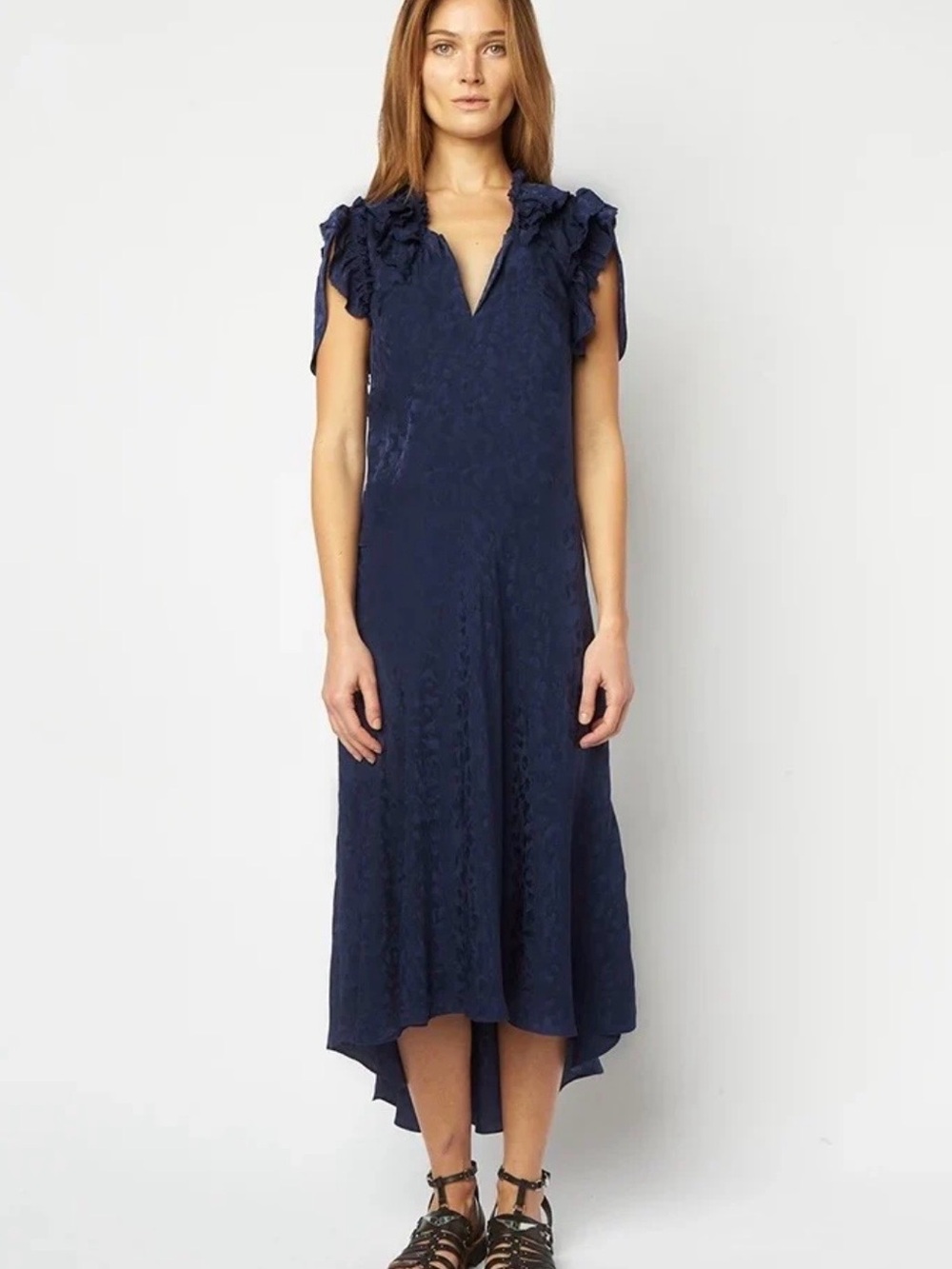Roberty Jac Leo Navy Ruffle Cap-Sleeve Midi Dress